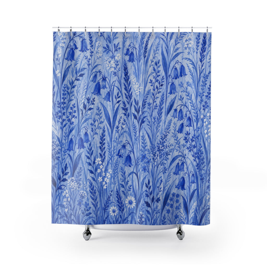 Blue Grass Botanical Shower Curtain, Blue White Nature Bathroom Decor, Botanical Meadow Bath Curtain, Guest Bath Decor, Small Bathroom Decor