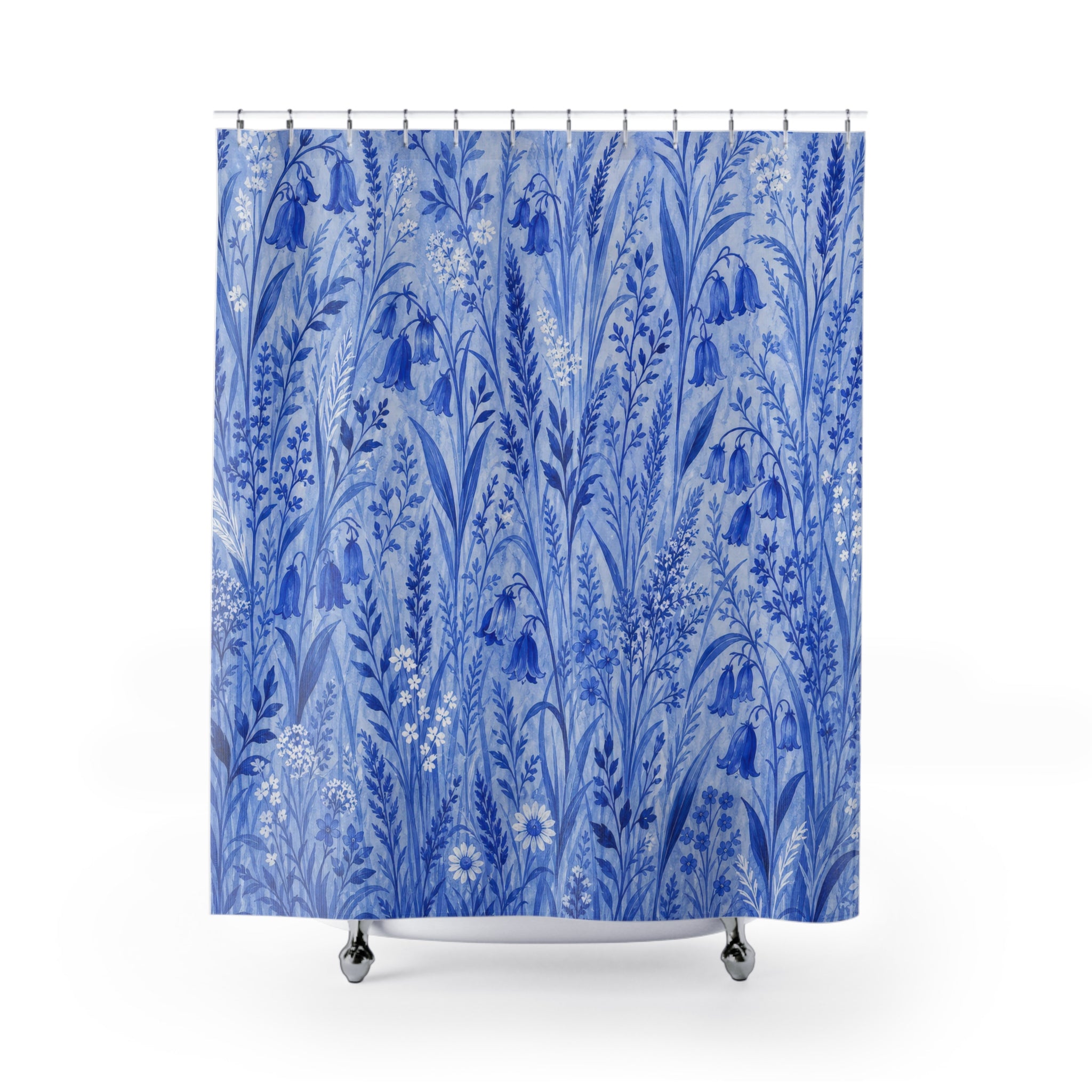 Blue Grass Botanical Shower Curtain, Blue White Nature Bathroom Decor, Botanical Meadow Bath Curtain, Guest Bath Decor, Small Bathroom Decor