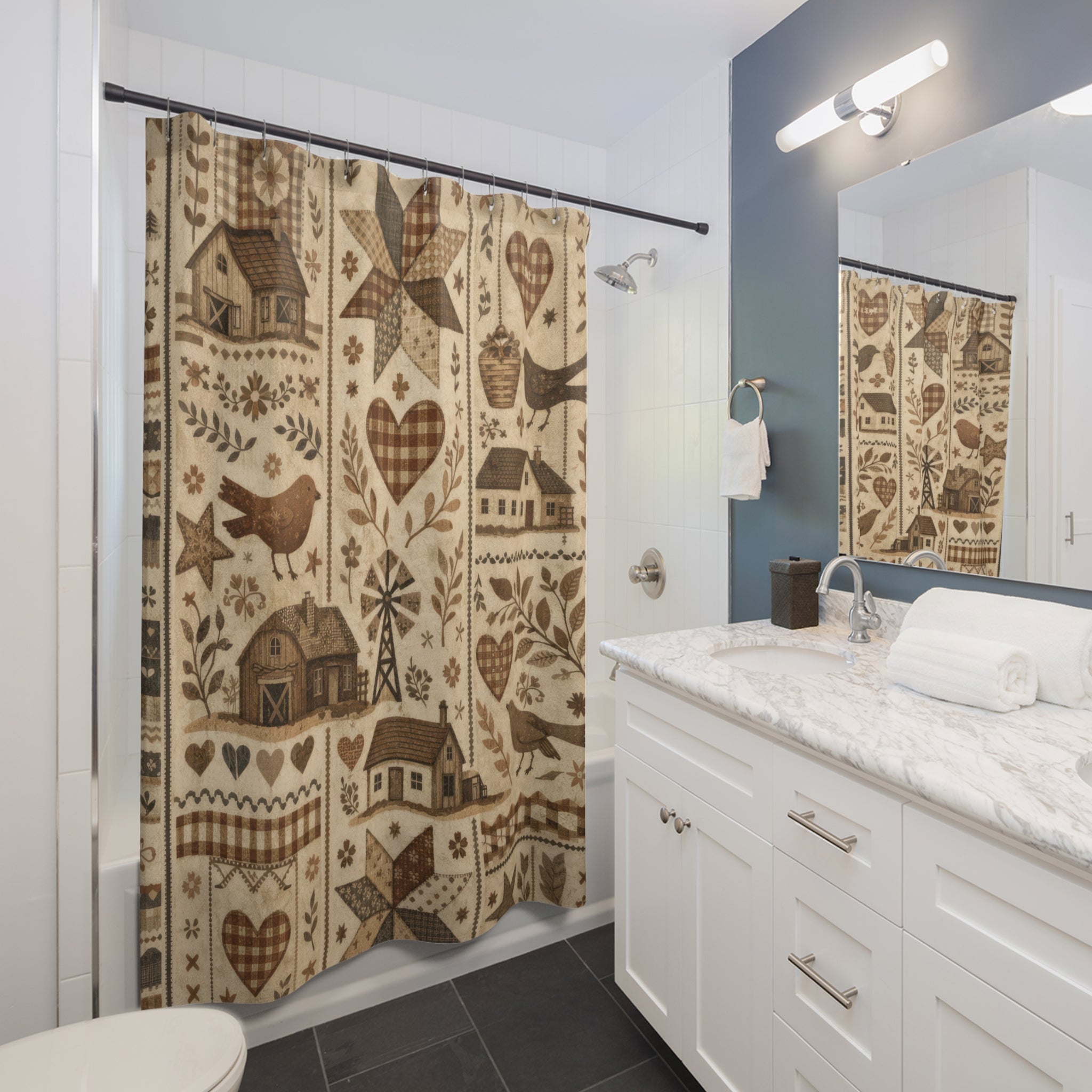 Farmhouse Patchwork Shower Curtain – Brown and Beige