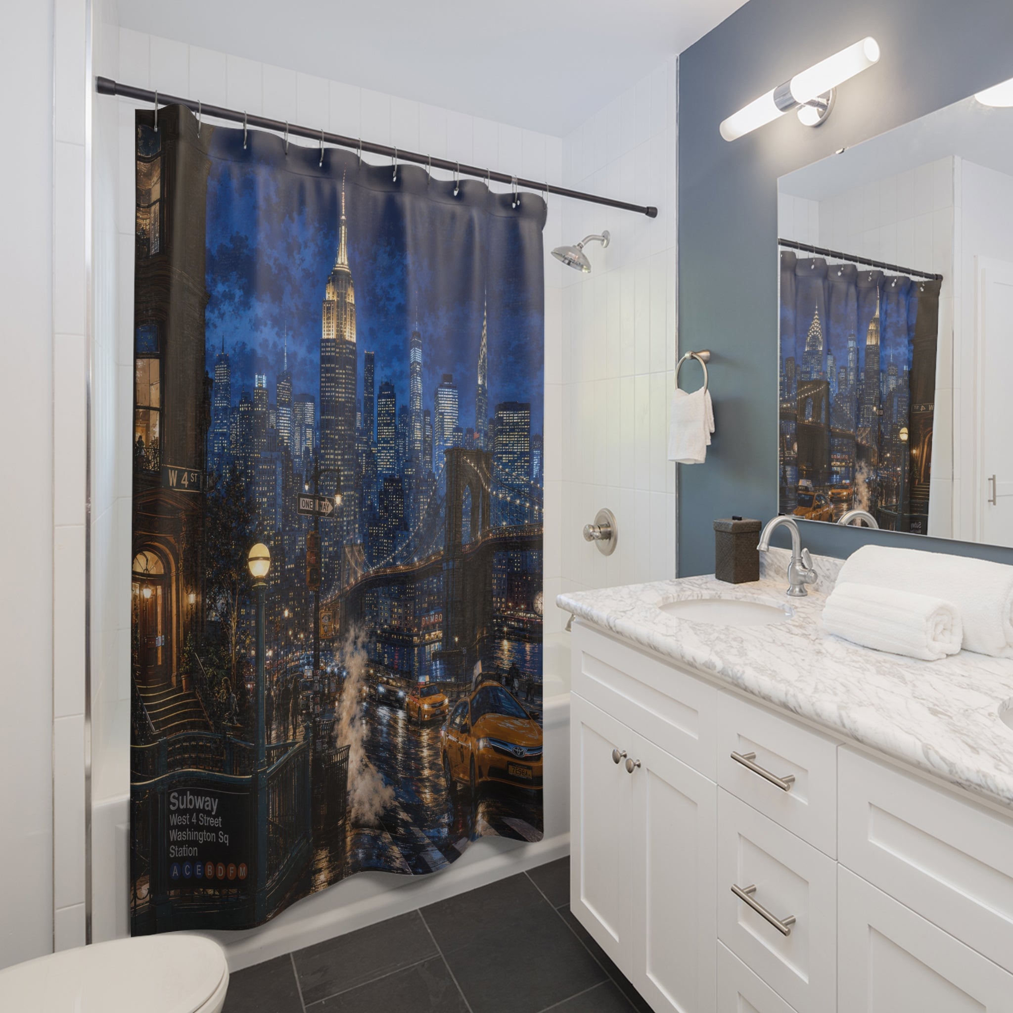 NYC City Skyline Shower Curtain: Navy Blue New York