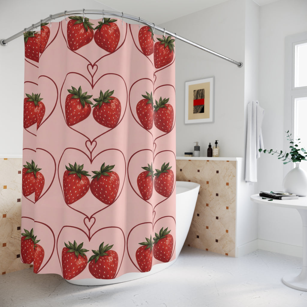 Red strawberry pairs in burgundy hearts on blush pink shower curtain beside a freestanding tub