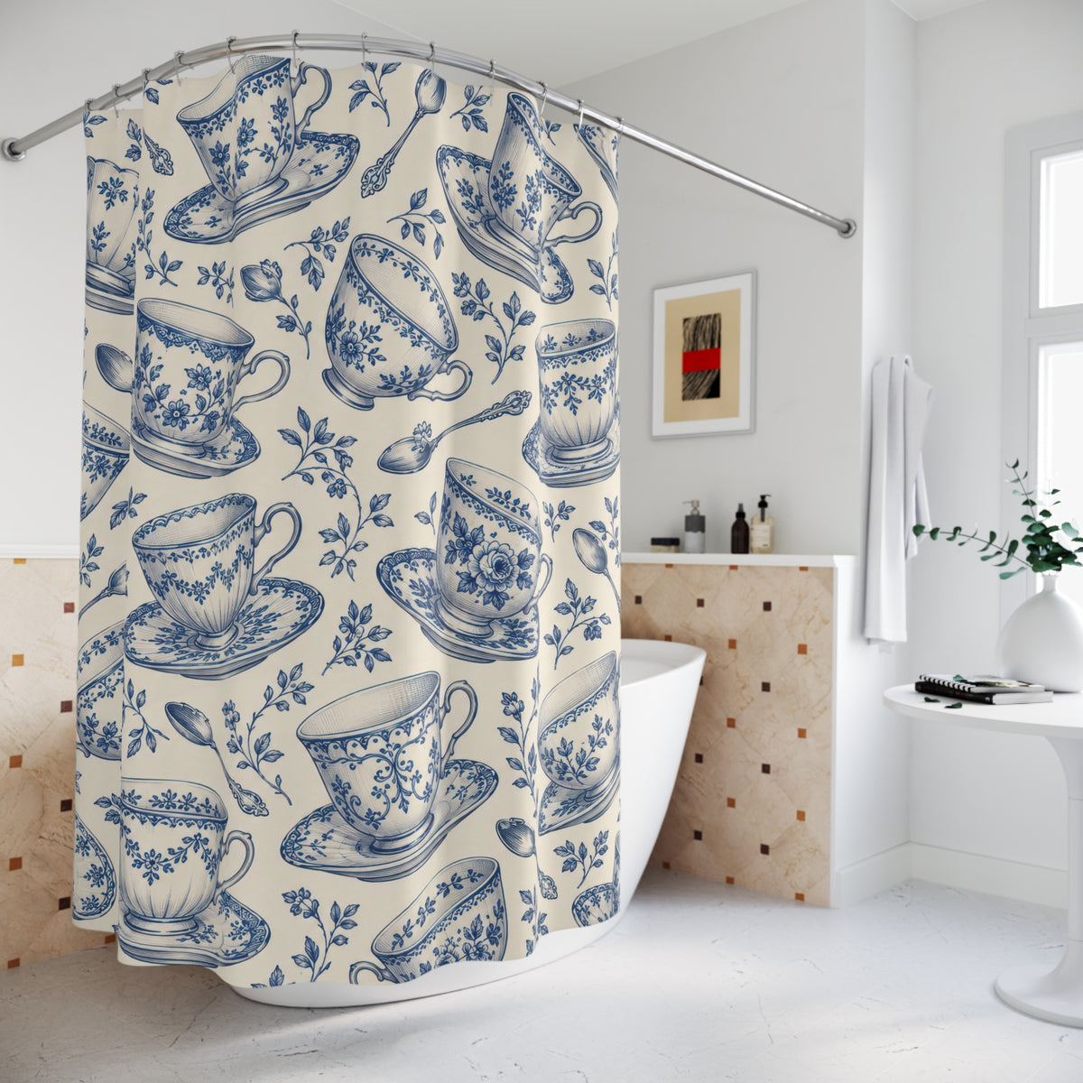Blue floral teacups and saucers on cream shower curtain beside a freestanding tub
