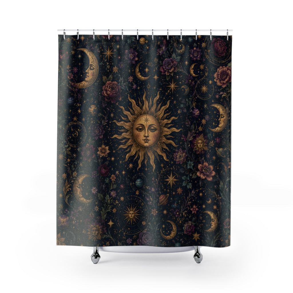 Whimsigoth Shower Curtain: Celestial Floral Moon Sun