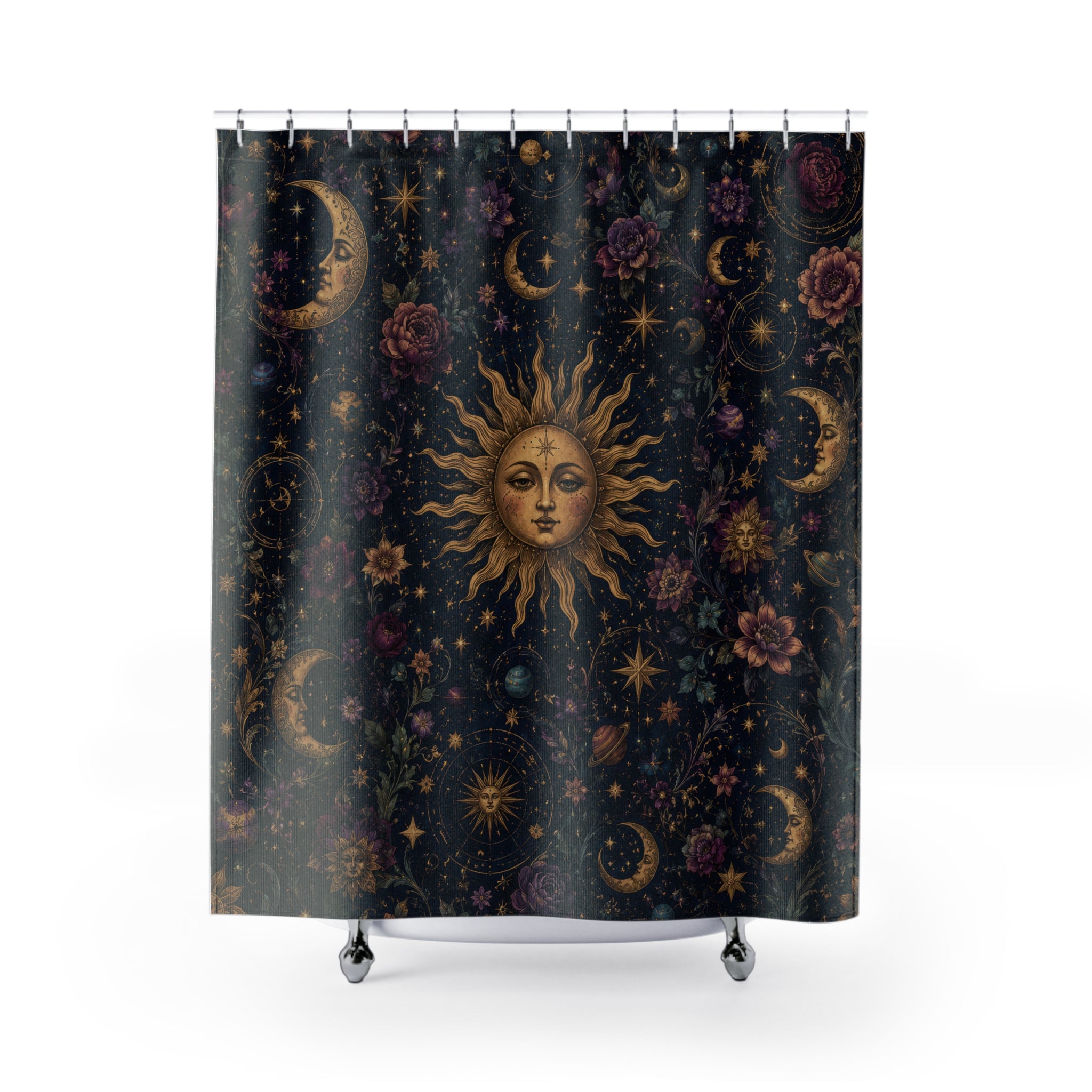 Whimsigoth Shower Curtain: Celestial Floral Moon Sun