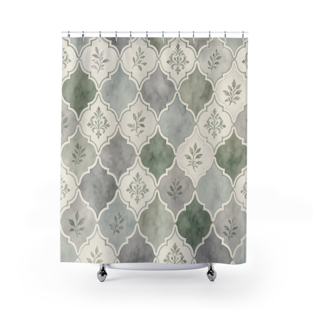 Green Grey Tile Shower Curtain, Green Grey Classic Bathroom Decor, Tile Floral Bath Curtain, Guest Bath Decor, Small Bathroom Decor