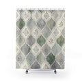 Green Grey Tile Shower Curtain, Green Grey Classic Bathroom Decor, Tile Floral Bath Curtain, Guest Bath Decor, Small Bathroom Decor
