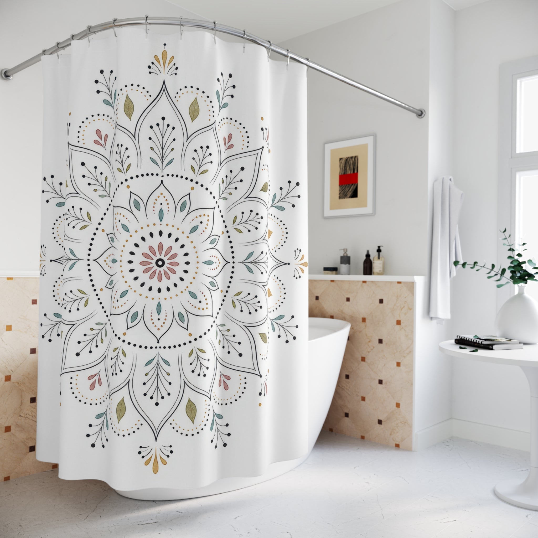 White Floral Medallion Shower Curtain