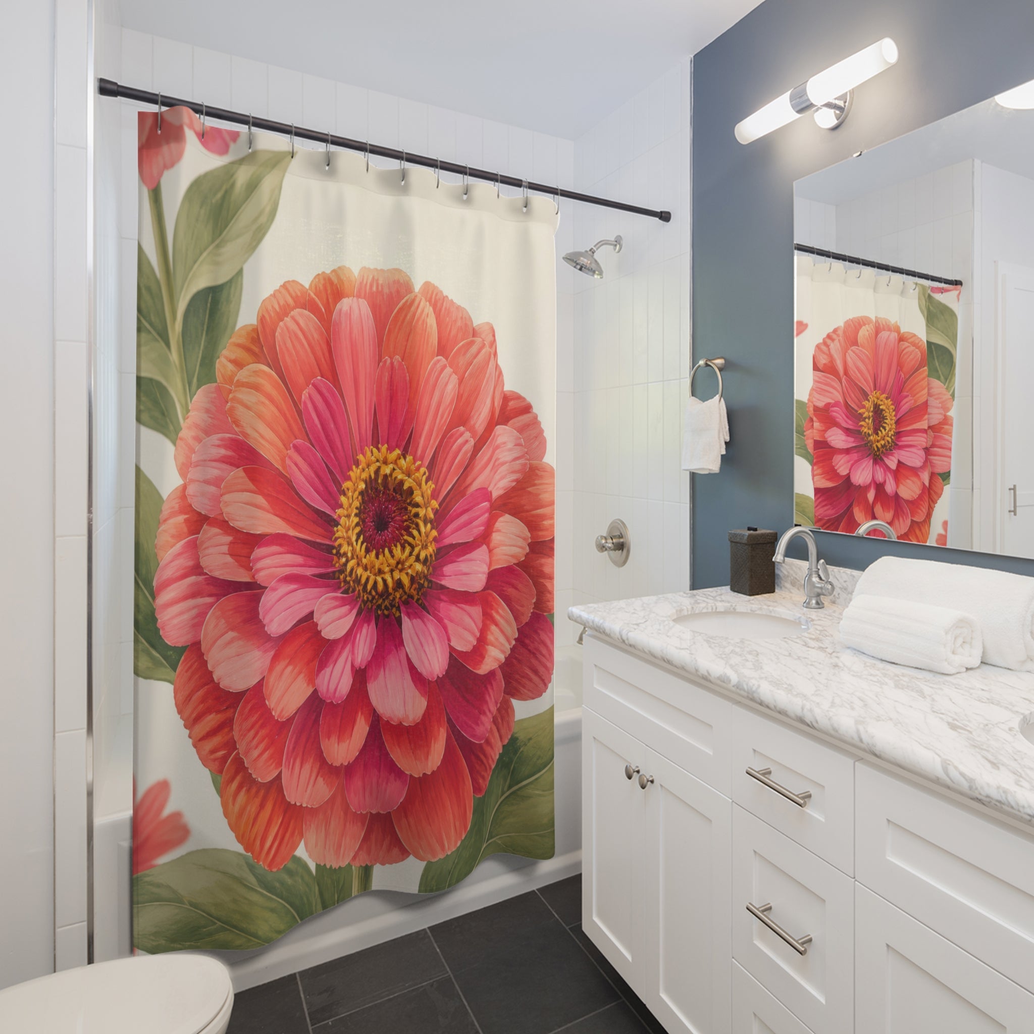 Coral and fuchsia zinnia portrait shower curtain beside a white vanity