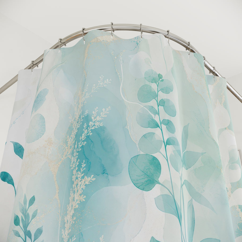 Lagoon Leaf aqua botanical soft shower curtain with close-up print, hooks, and folds
