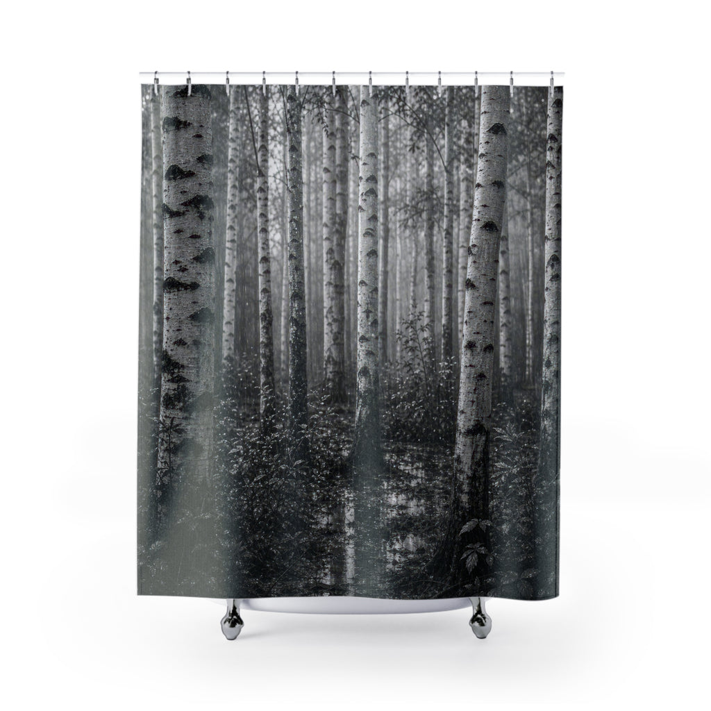Black White Birch Rain Photo Shower Curtain