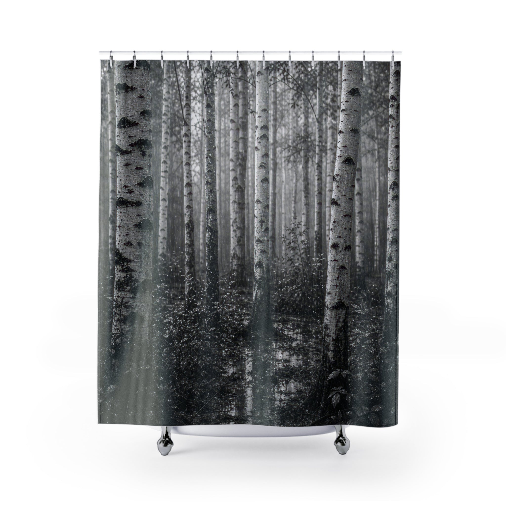 Black White Birch Rain Photo Shower Curtain