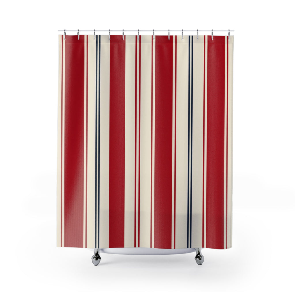 Regatta Red Stripe Shower Curtain, Red Navy Classic Bathroom Decor, Modern Stripe Bath Curtain, Guest Bath Decor, Small Bathroom Decor