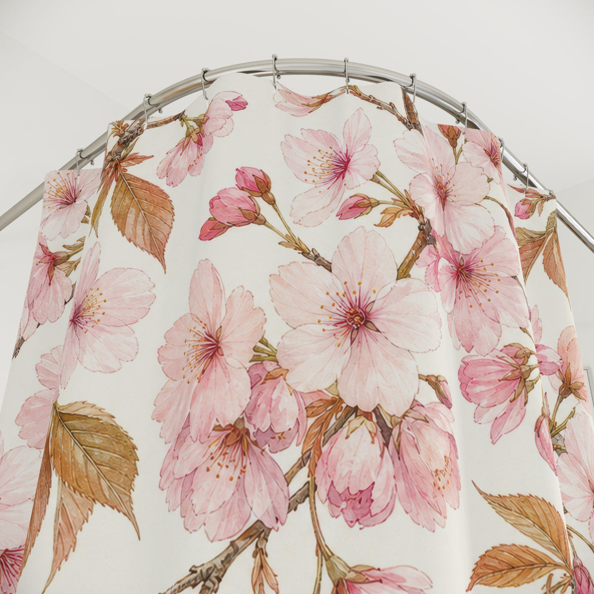 Pink Spring Flower Botanical cherry shower curtain with close-up print, hooks, and folds