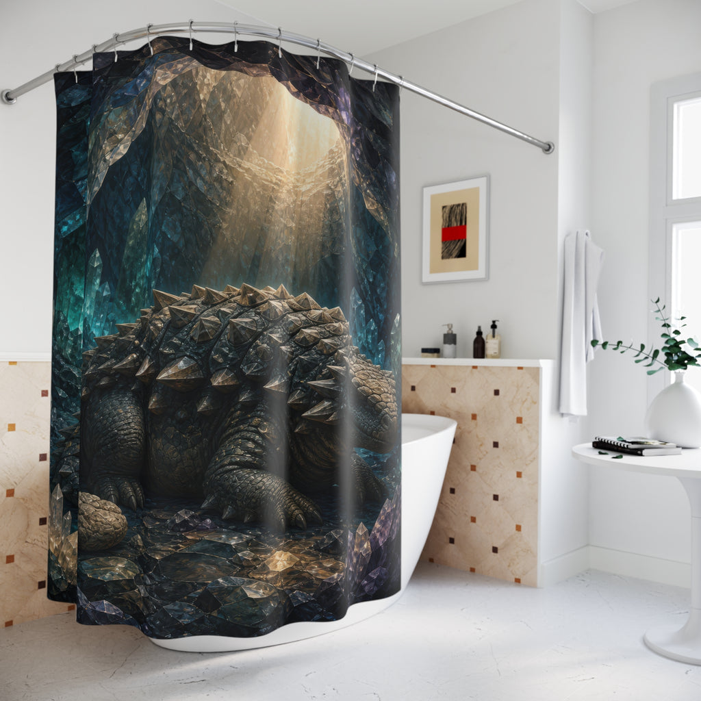 Blue Crystal Cave Ankylosaurus shower curtain beside a freestanding tub