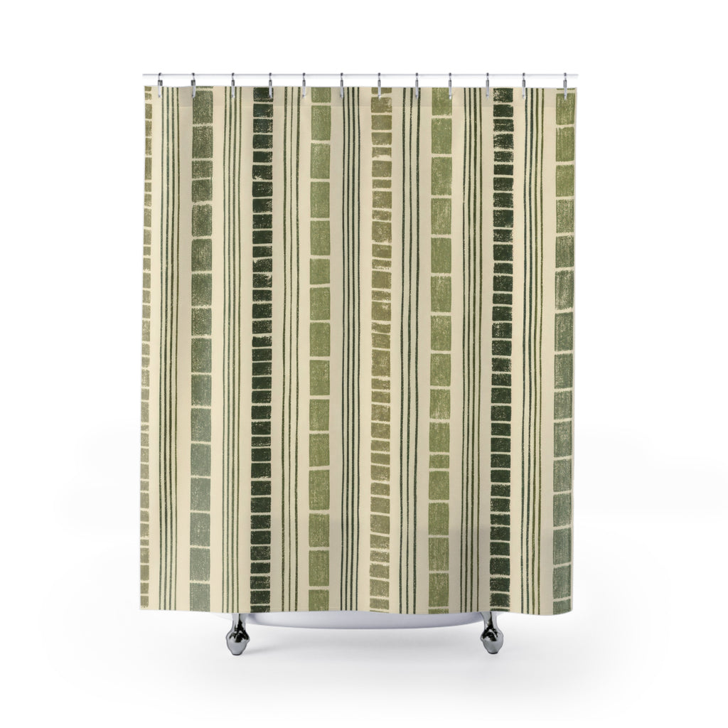 Olive Sage Green Dash Stripe Shower Curtain