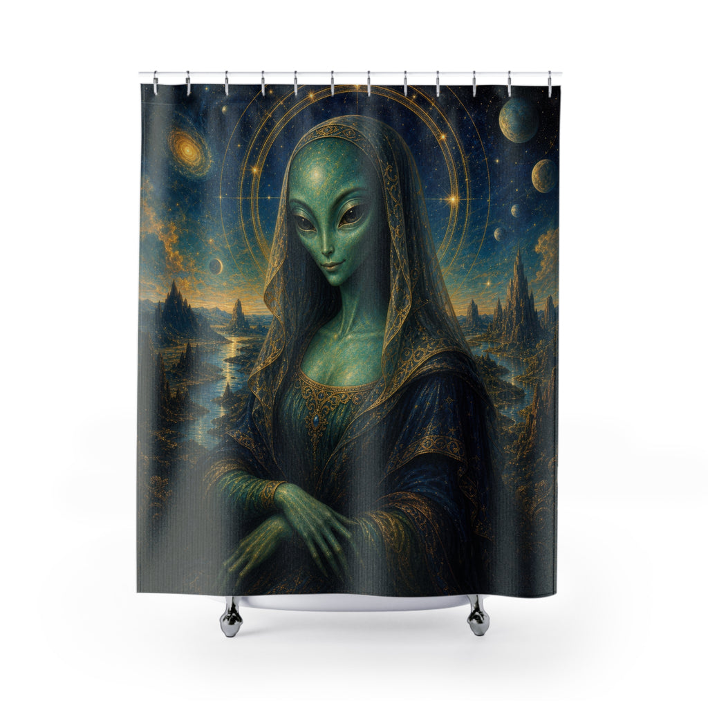 Unique Alien Shower Curtain, Celestial Mona Lisa, Blue Green Space Decor, Planet Halo Sci Fi Bathroom Accent, Cosmic Guest Bath