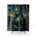 Unique Alien Shower Curtain, Celestial Mona Lisa, Blue Green Space Decor, Planet Halo Sci Fi Bathroom Accent, Cosmic Guest Bath