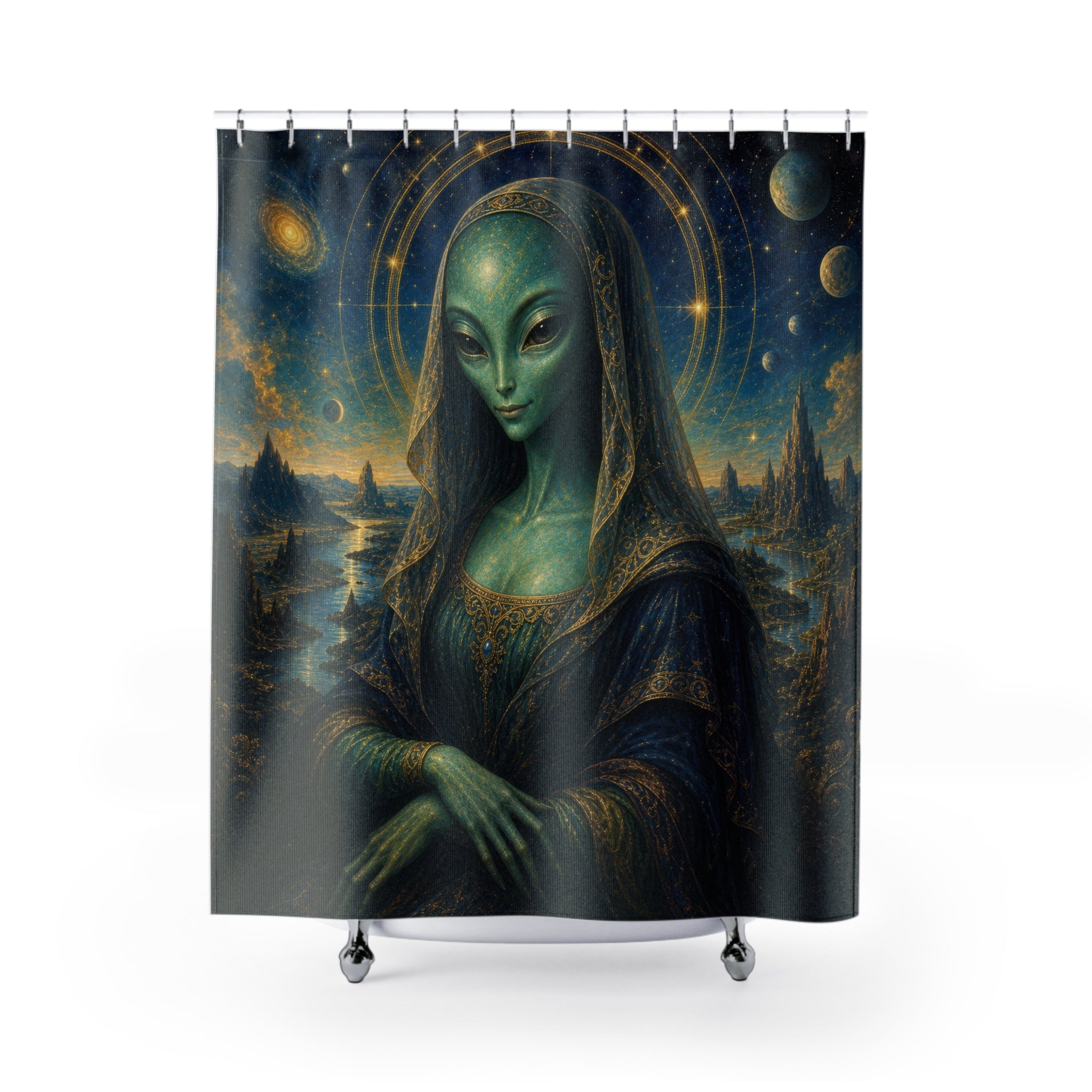 Unique Alien Shower Curtain, Celestial Mona Lisa, Blue Green Space Decor, Planet Halo Sci Fi Bathroom Accent, Cosmic Guest Bath
