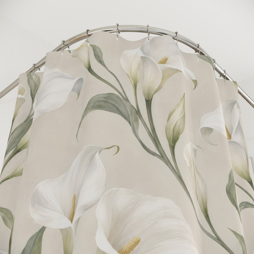 White calla lilies with sage leaves on pale ivory shower curtain with close-up print, hooks, and folds