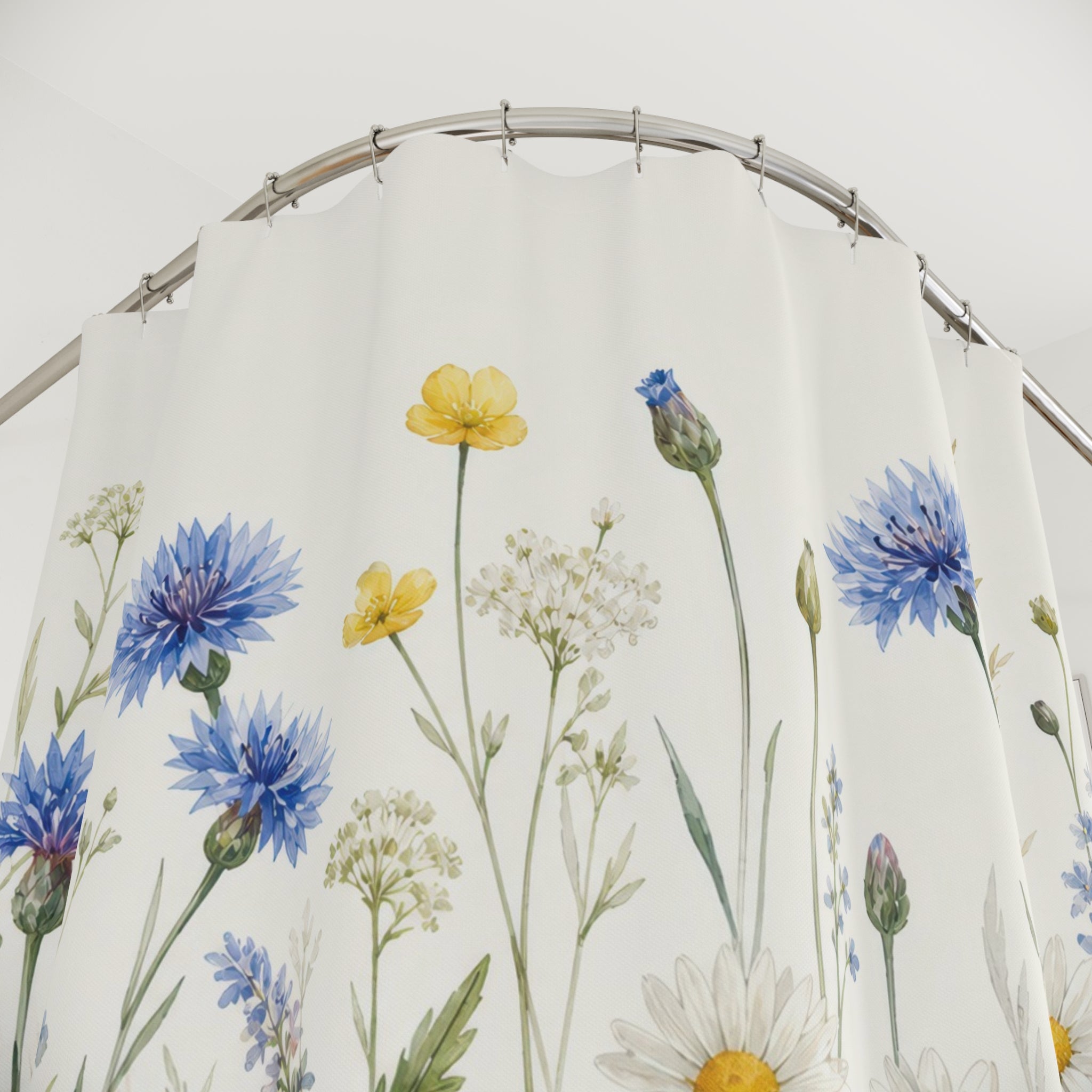 Blue Cornflower Daisy Watercolor Shower Curtain