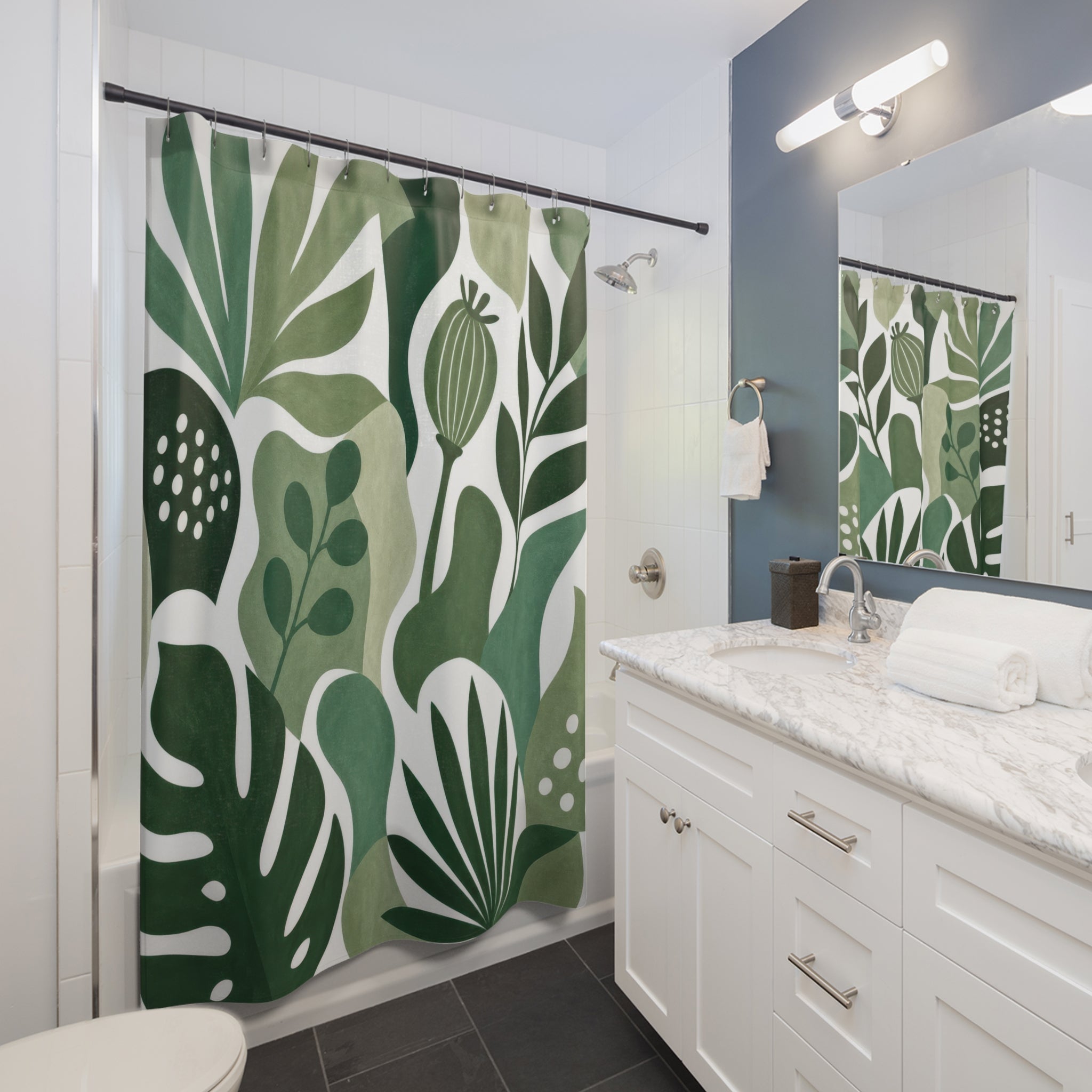 Green White Large Leaf Shower Curtain