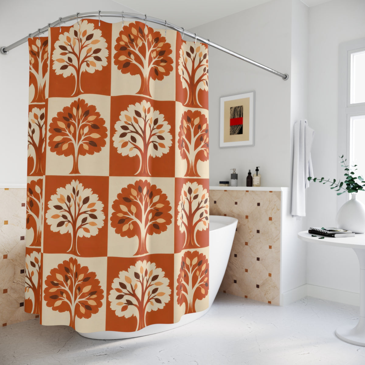 Orange and cream tree checkerboard shower curtain beside a freestanding tub
