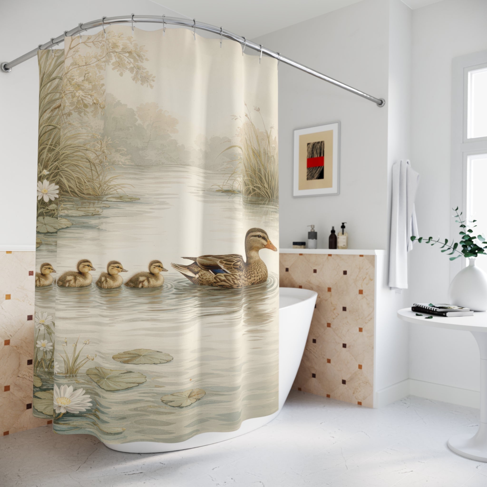 Duck Family Shower Curtain – Blue-Green Pond Scene