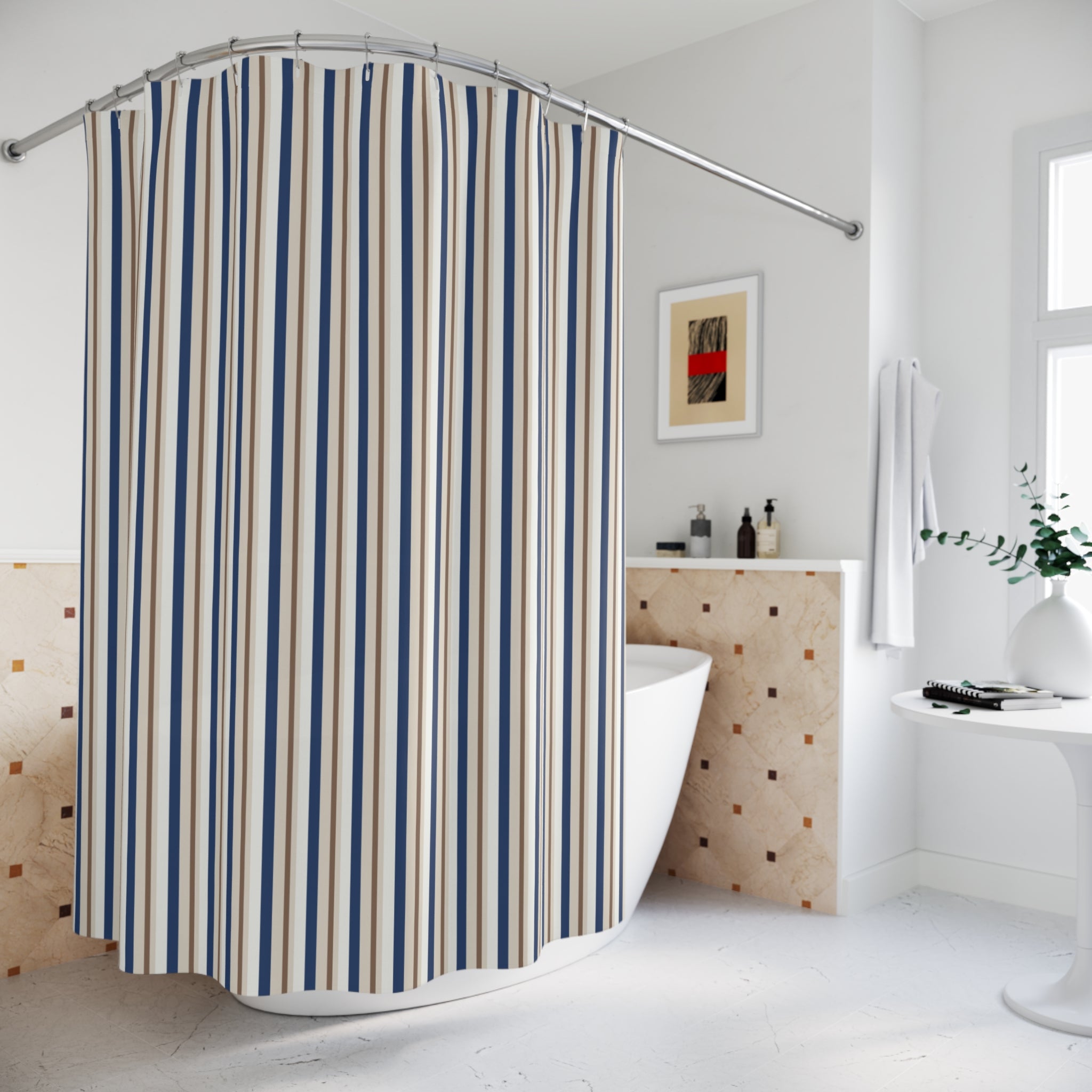 Color Block Stripe Shower Curtain – Navy Cream Taupe