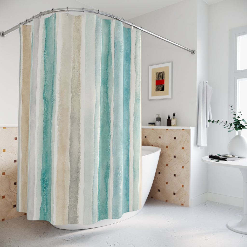 Turquoise Watercolor Vertical Stripe Shower Curtain