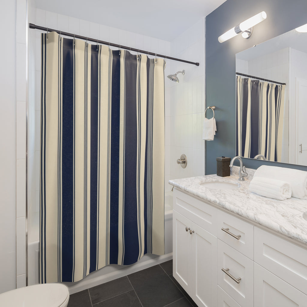 Navy Blue Cream Tan Stripe Shower Curtain