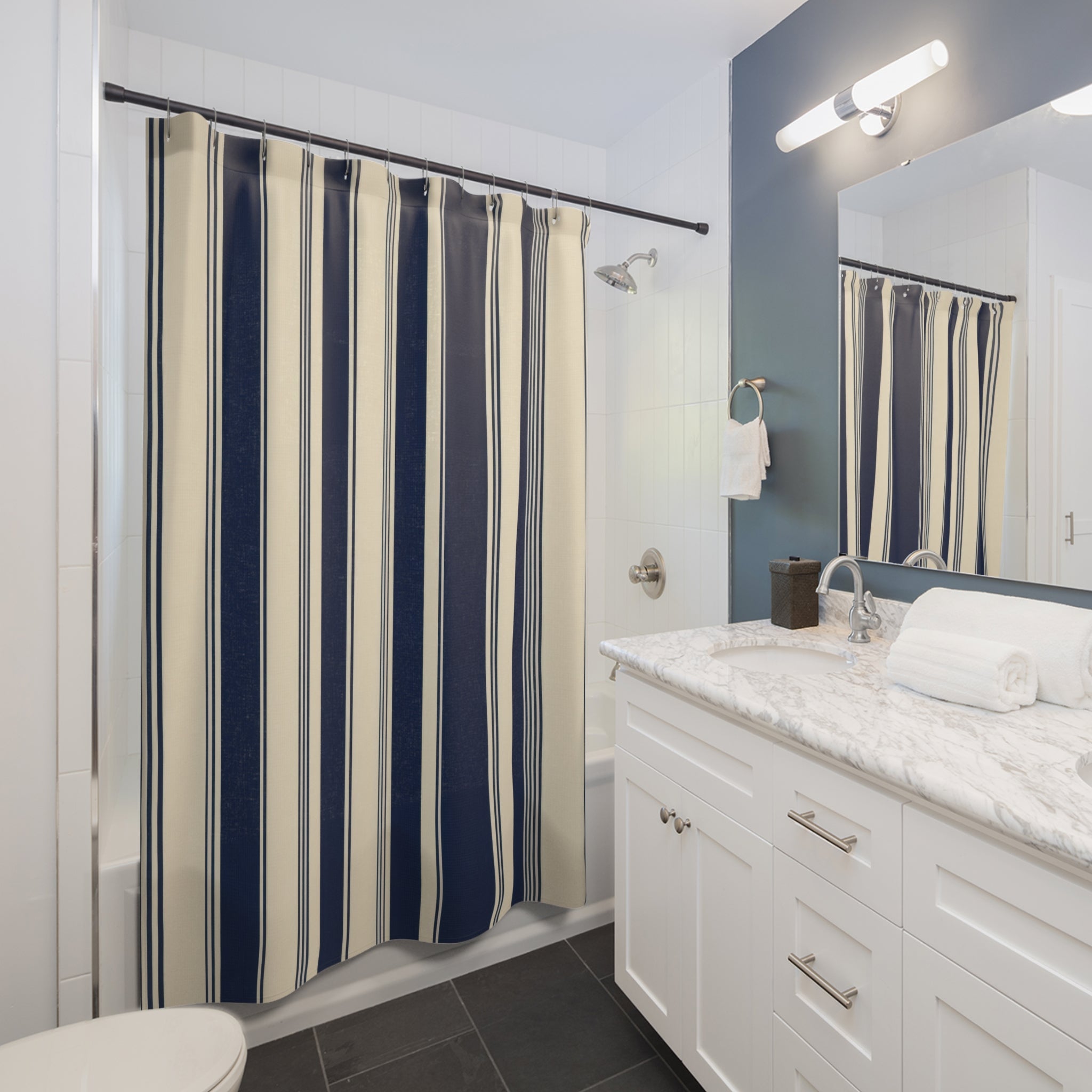 Navy Blue Cream Tan Stripe Shower Curtain