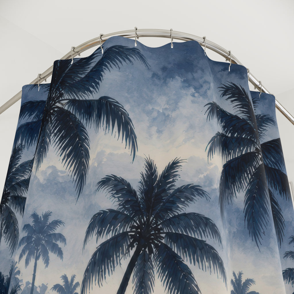 Navy palm grove fading into silvery blue mist shower curtain with close-up print, hooks, and folds