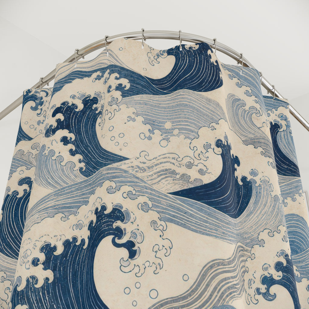 Blue Wave Shower Curtain, Japanese Inspired Ocean Pattern, Navy Coastal Bathroom Decor, Fresh Coastal Wall Decor Guest Bath Wall Gift