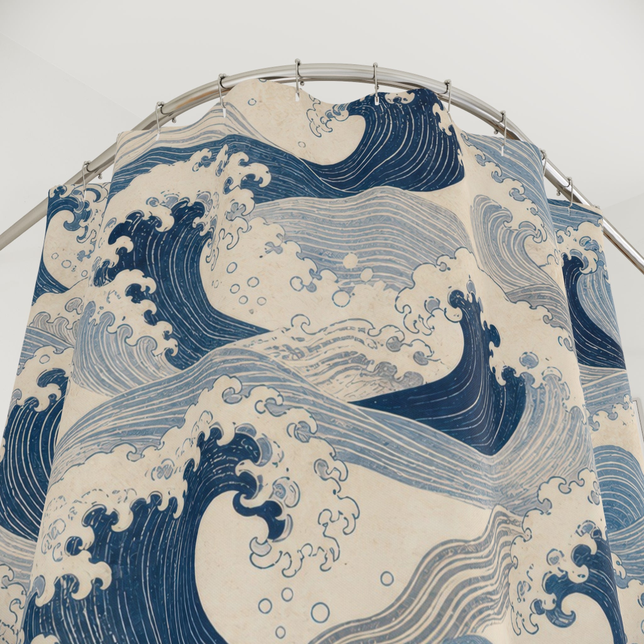Blue Wave Shower Curtain, Japanese Inspired Ocean Pattern, Navy Coastal Bathroom Decor, Fresh Coastal Wall Decor Guest Bath Wall Gift