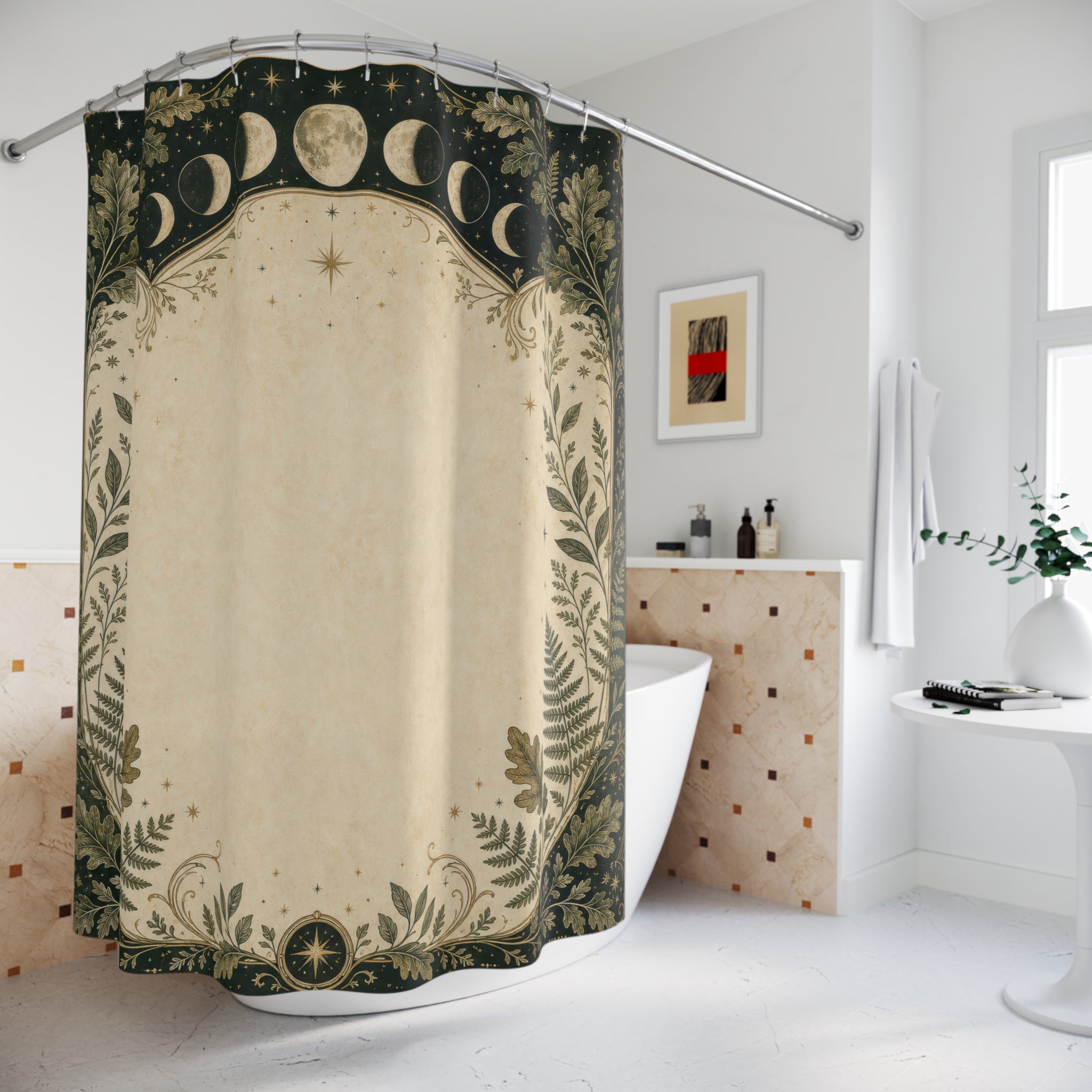 Moon Phase Border Shower Curtain, Forest Green Botanical Bath Decor, Pagan Inspired Oak Fern Frame, Celestial Guest Bathroom Decor