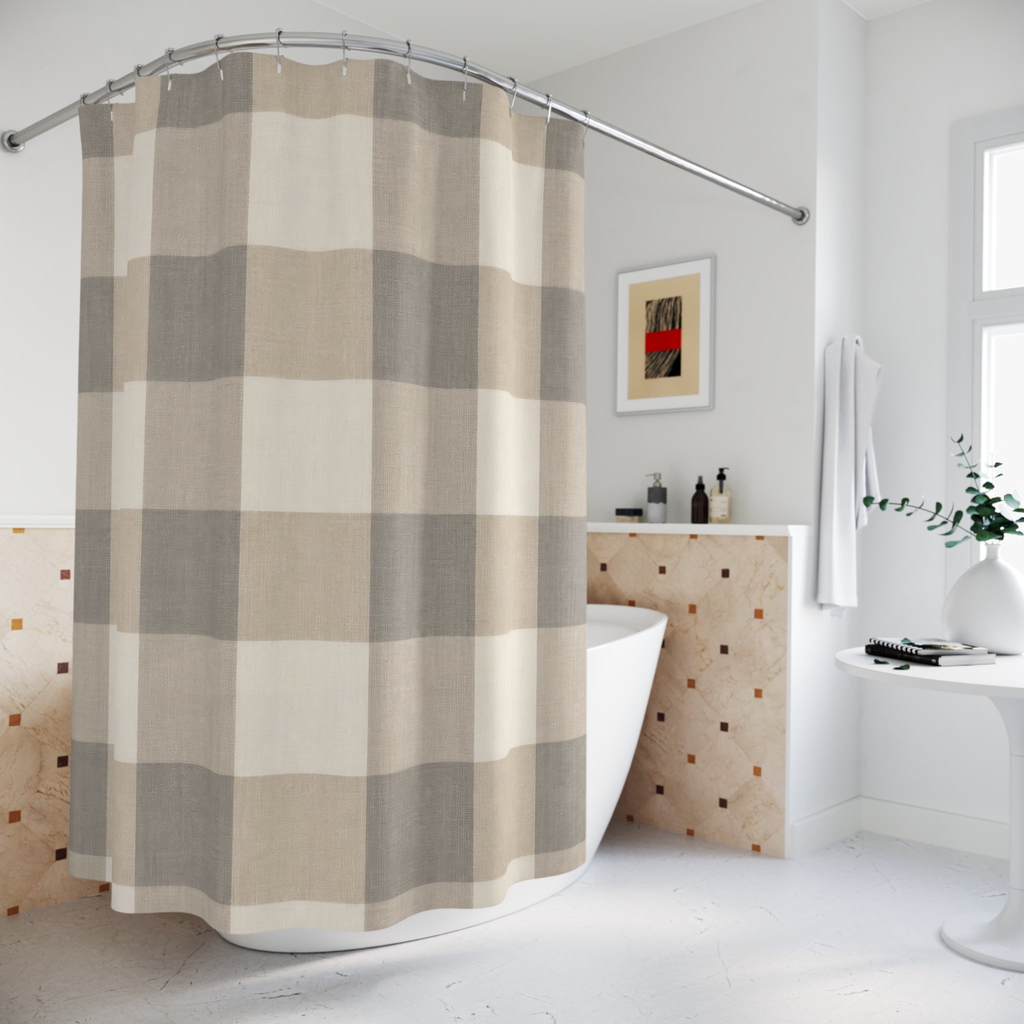 Taupe Shower Curtain, Gingham Bath Decor, Beige Cream Checkered Pattern, Neutral Farmhouse Guest Bathroom Decor, Taupe Farmhouse Style