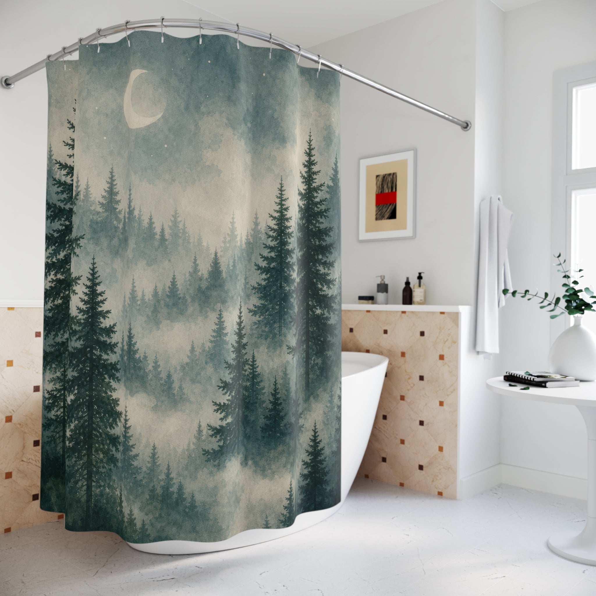 Moonlit Pine Watercolor Shower Curtain