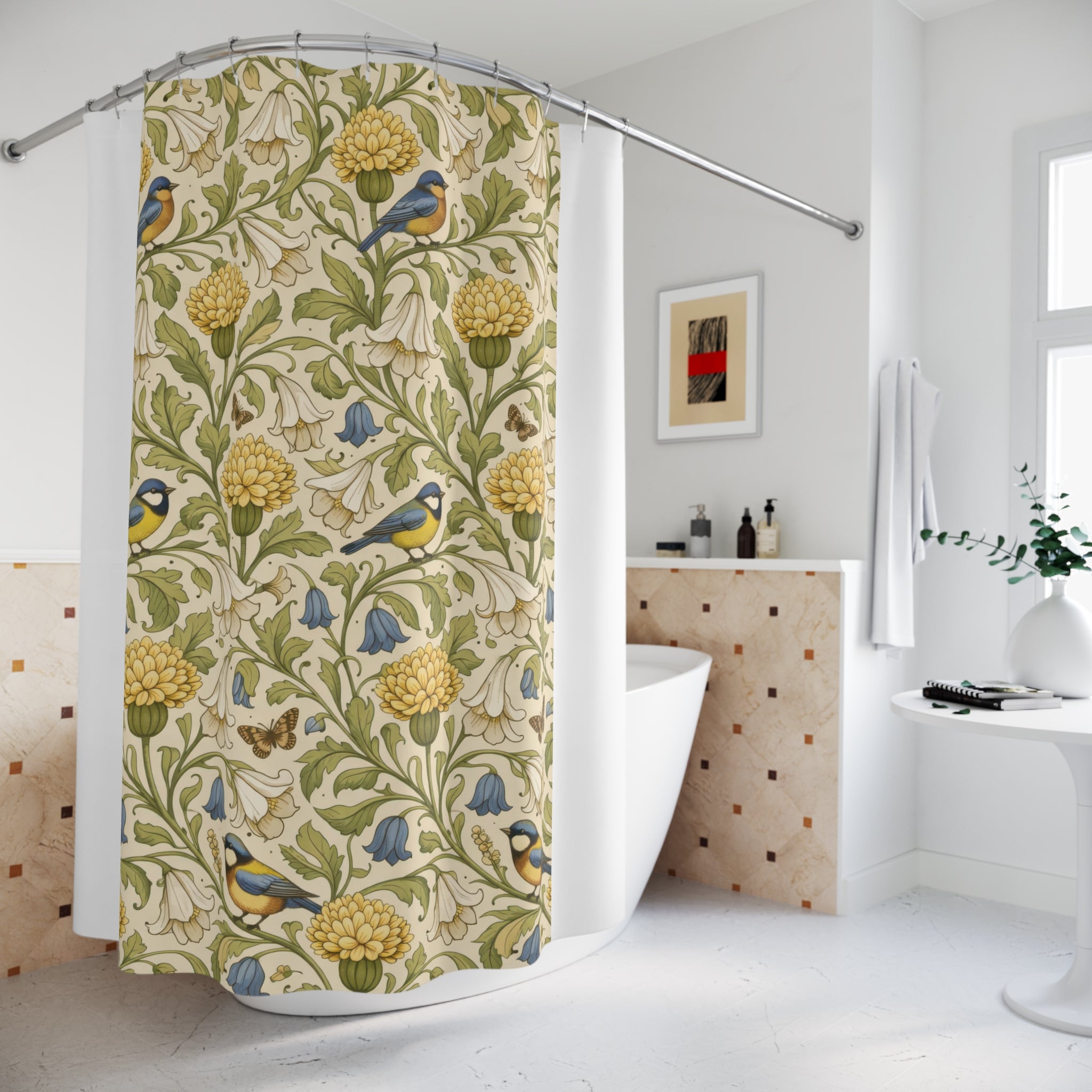 William Morris Floral Shower Curtain – Green Gold Bird
