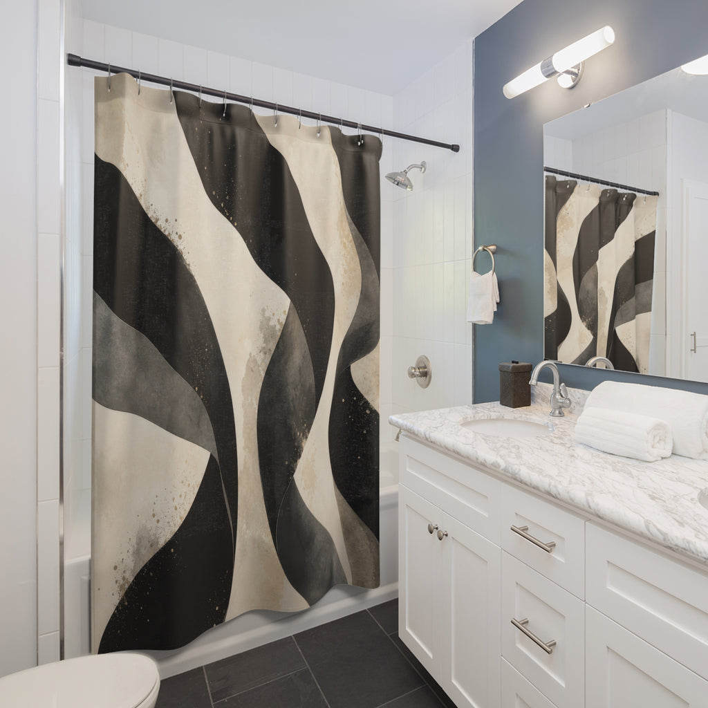 Black Striped Shower Curtain, Cream Wavy Abstract Bath Decor, Modern Organic Stripe Pattern, Black White Guest Bathroom Decor Style