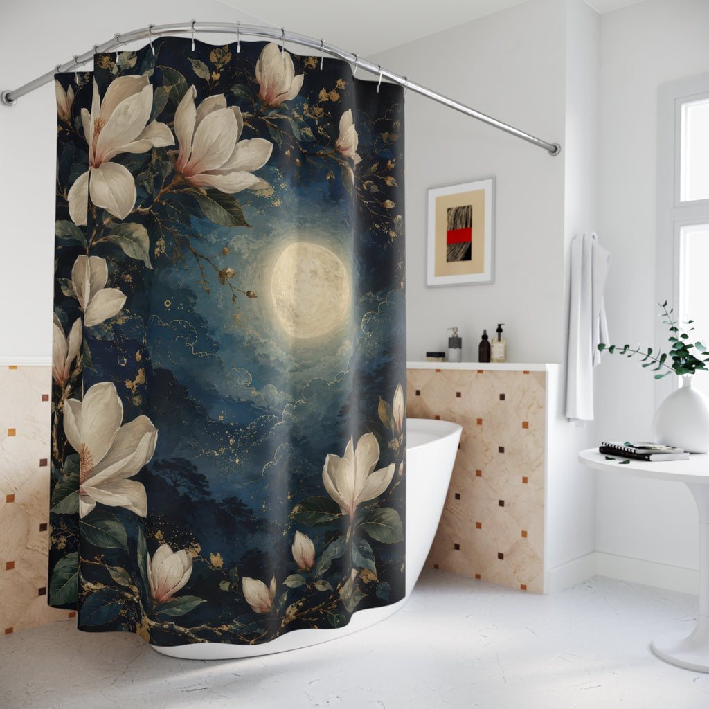 Moonlit ivory magnolia blossoms on midnight blue shower curtain beside a freestanding tub