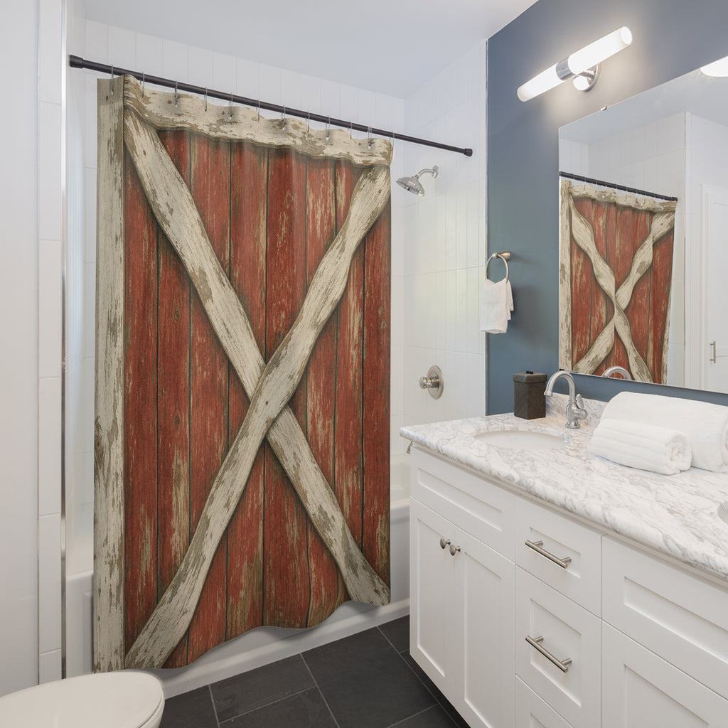 Barn Shower Curtain, Red Weathered Door Pattern, Rustic Farmhouse Bathroom Decor, Country Guest Bath Wood Lodge Style Art