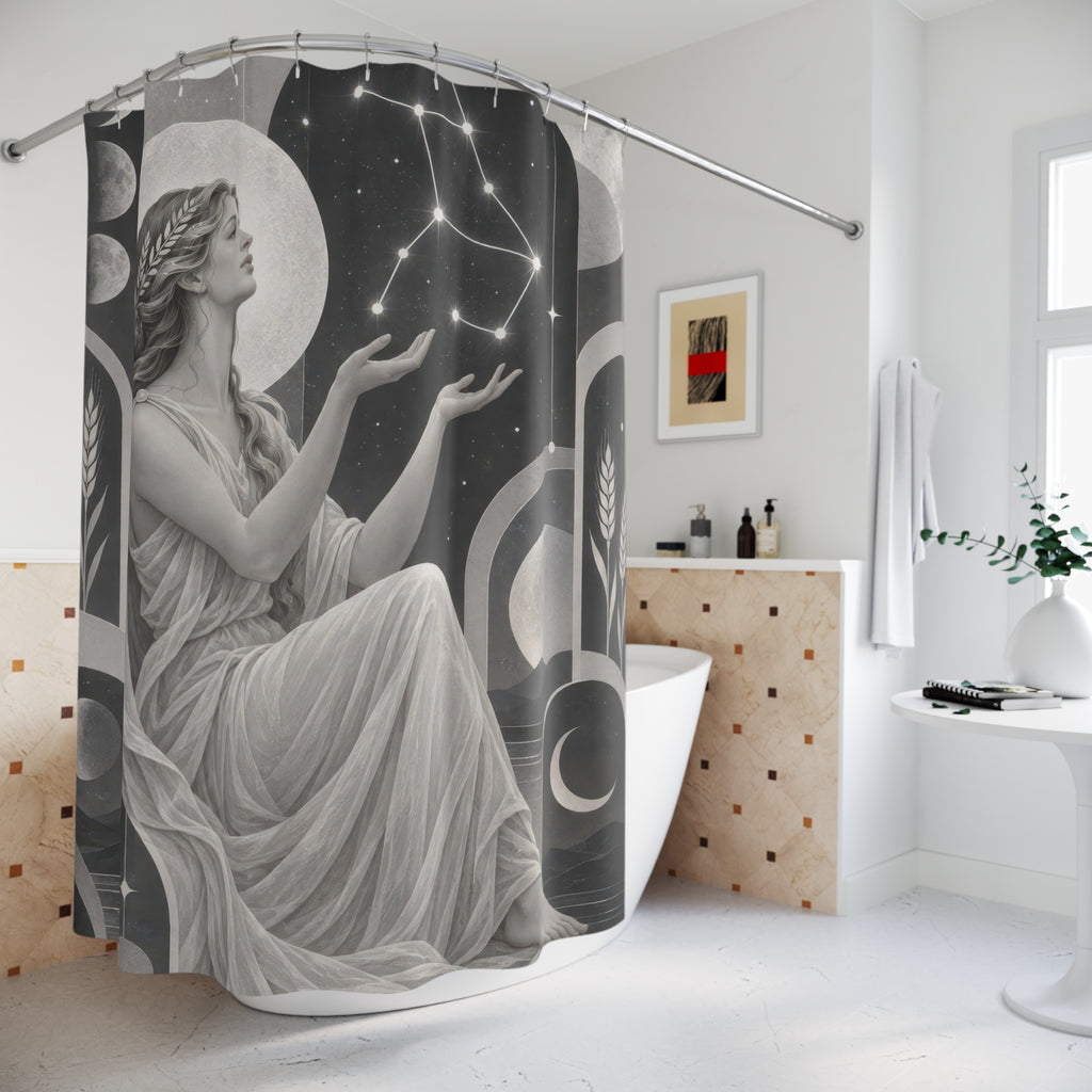 Grey and white Virgo maiden among geometric arches shower curtain beside a freestanding tub