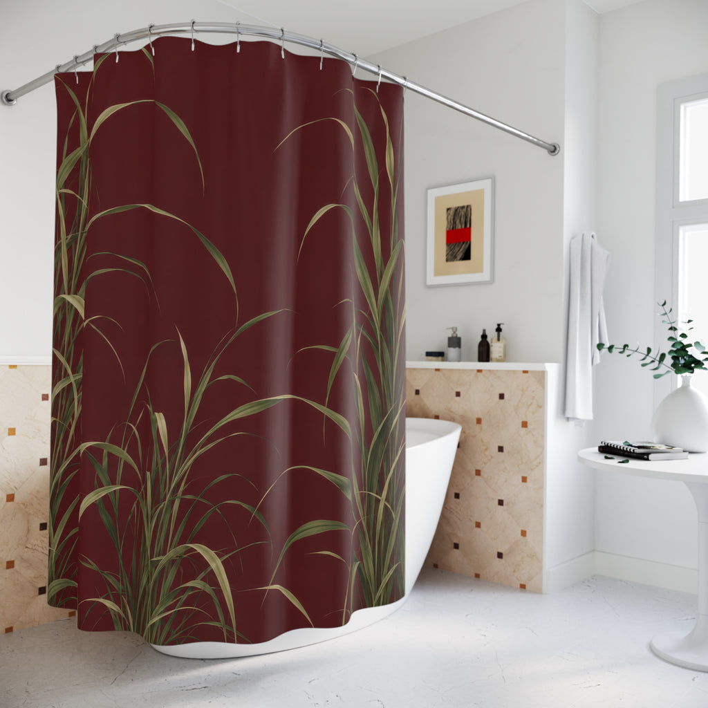 Arching sage and olive grasses on an open maroon field shower curtain beside a freestanding tub