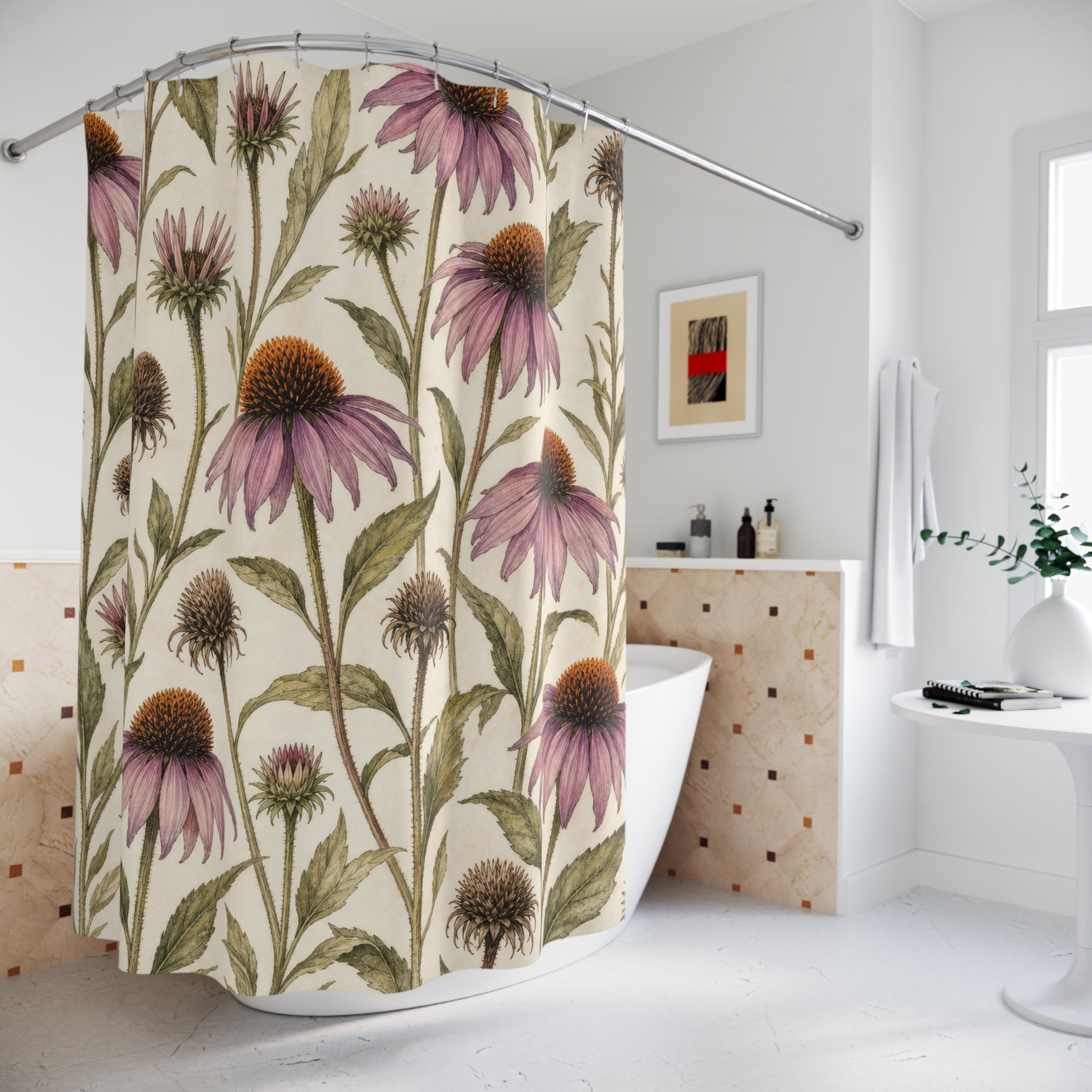 Dusty Pink Echinacea Wildflower Botanical Shower Curtain
