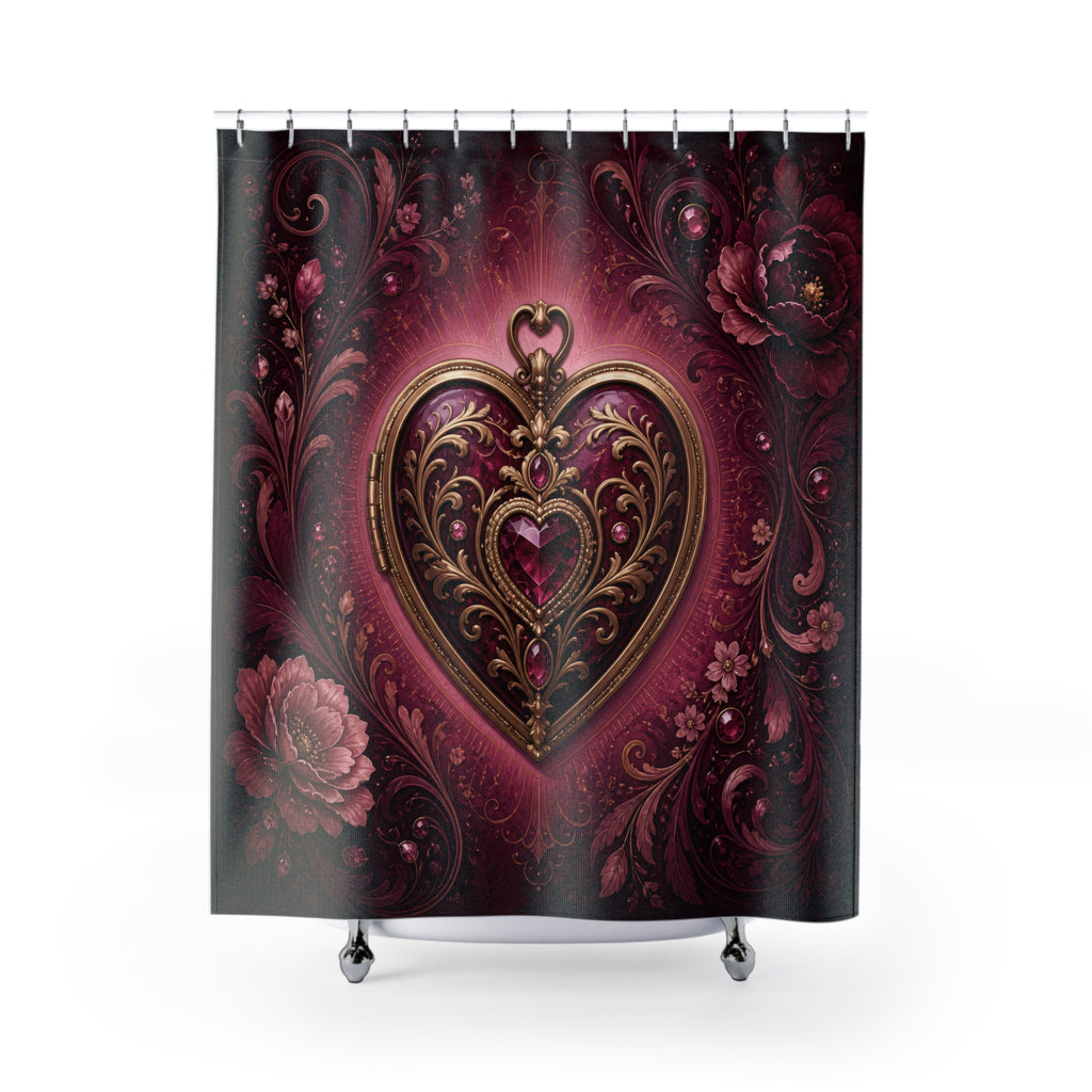 Ornate jeweled heart framed by burgundy flowers and scrollwork shower curtain with full front view