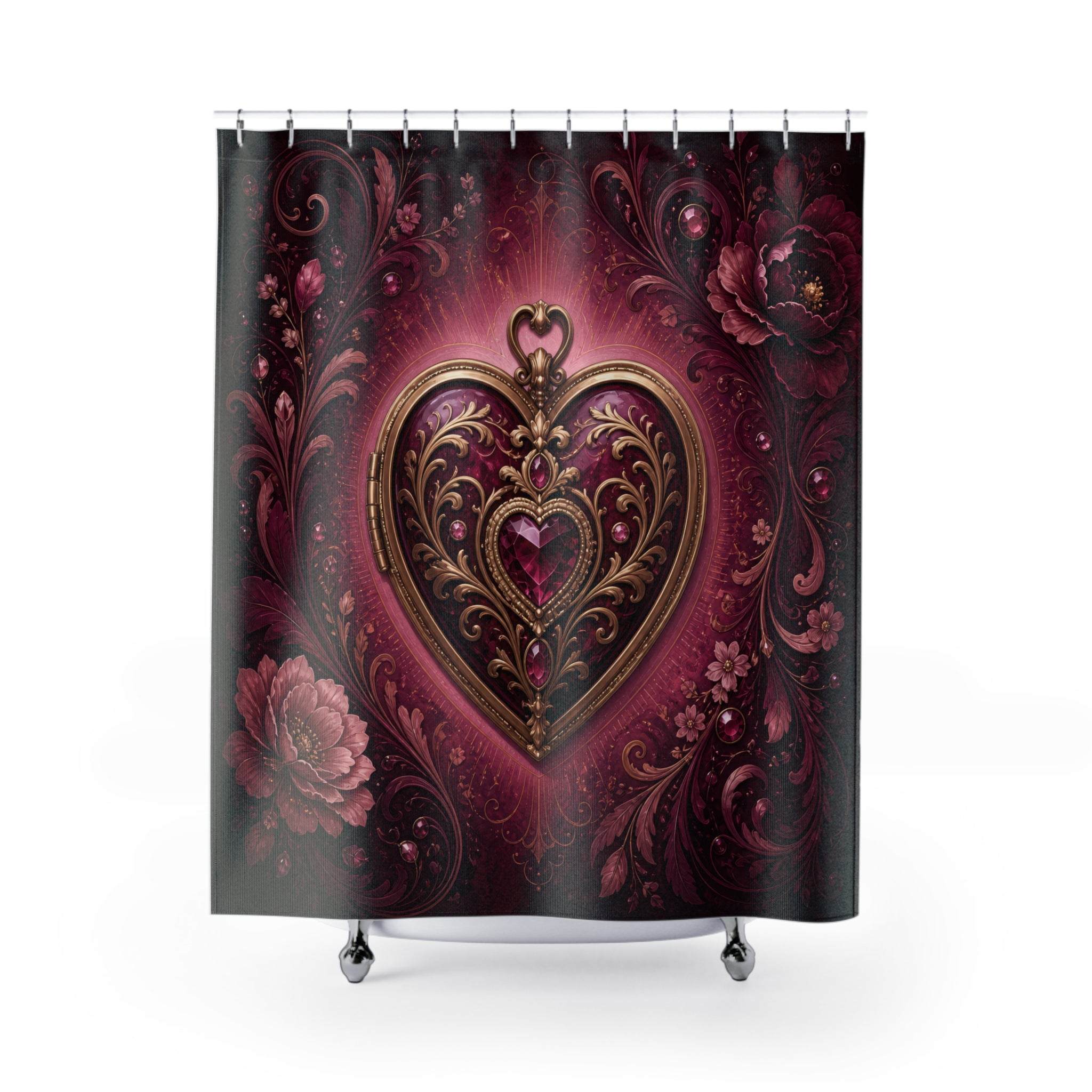 Ornate jeweled heart framed by burgundy flowers and scrollwork shower curtain with full front view