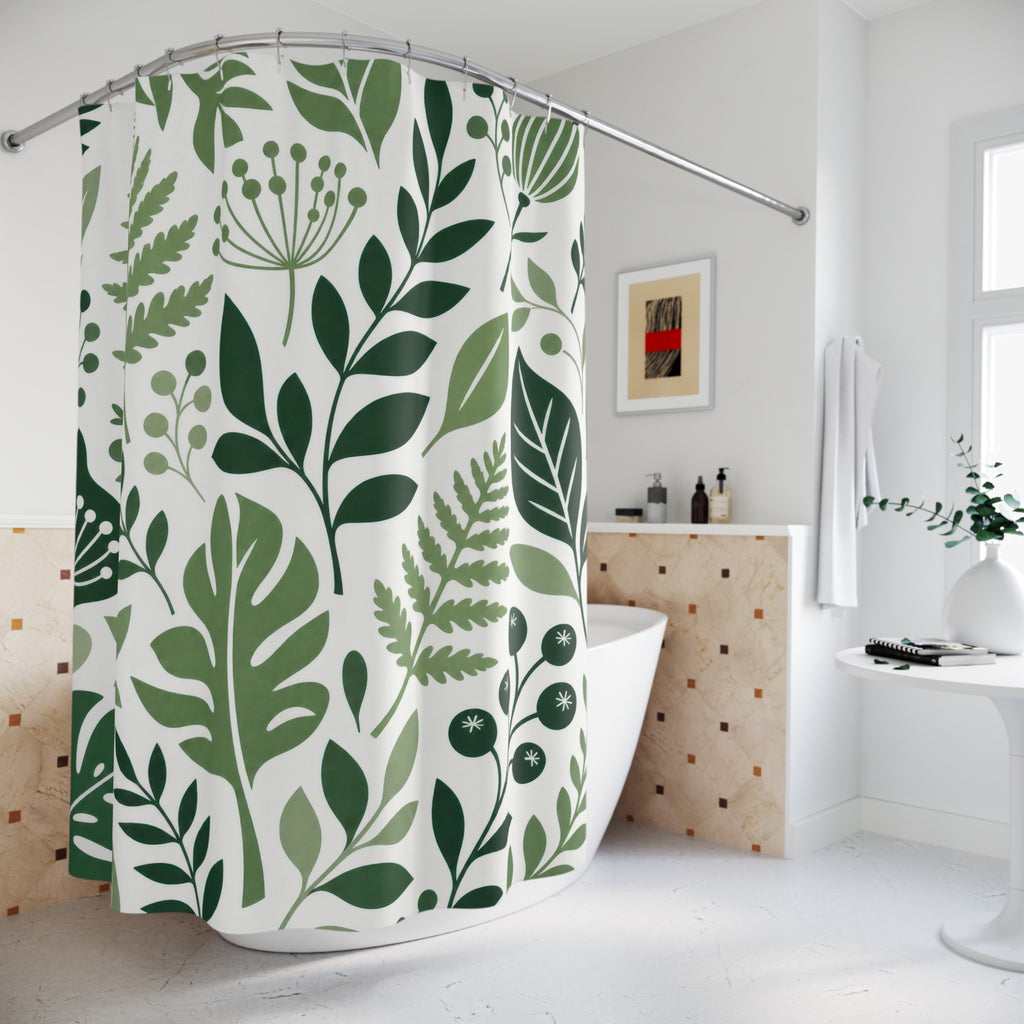 Green White Modern Leaf Shower Curtain