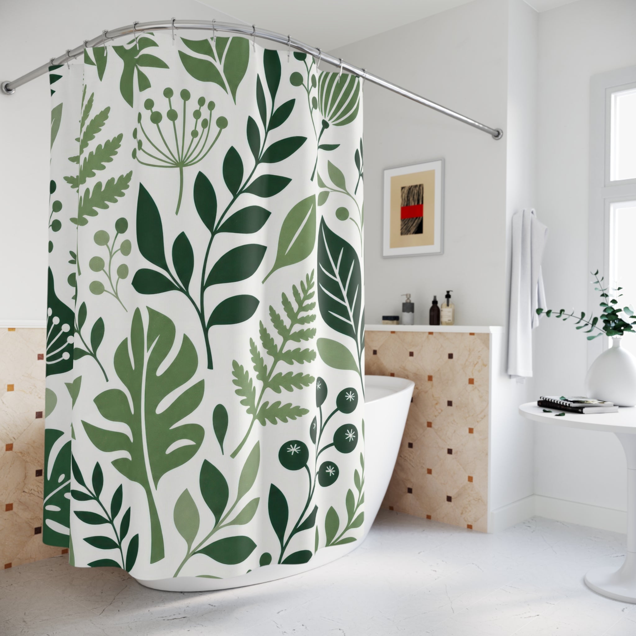 Green White Modern Leaf Shower Curtain