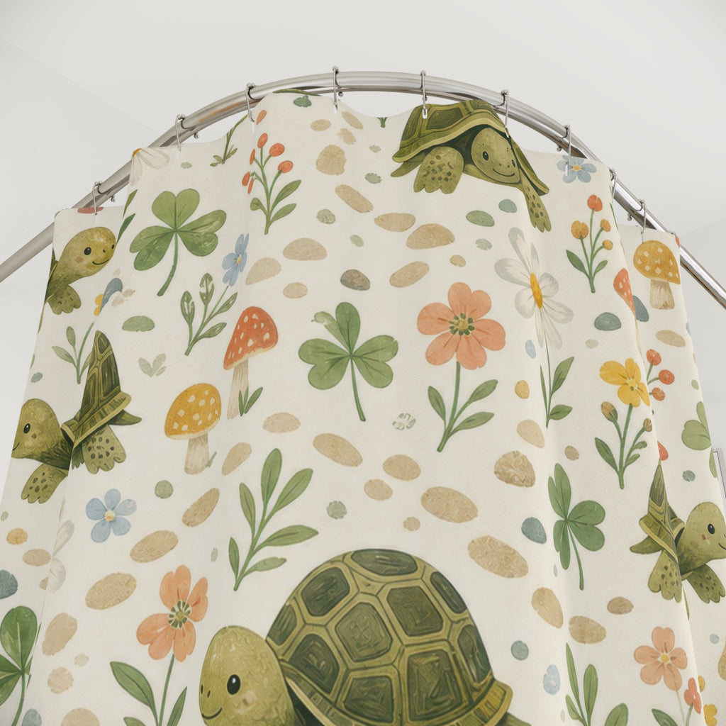 Kids Turtle Shower Curtain, Mushroom Woodland Animal Pattern, Cute Green Nursery Bathroom Decor, Woodland Wall Decor Guest Bath Wall Gift