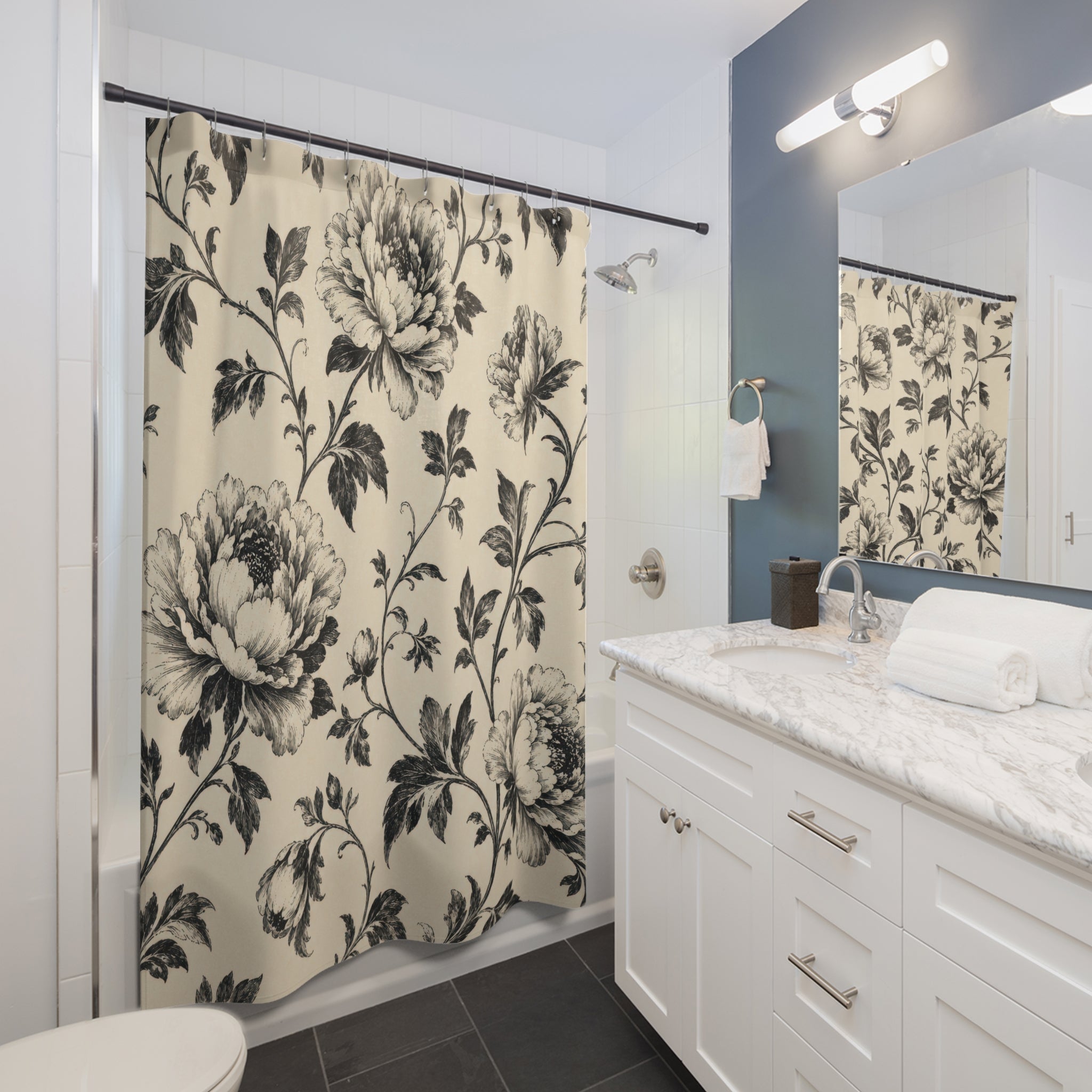 Black Cream Vintage Flower Shower Curtain